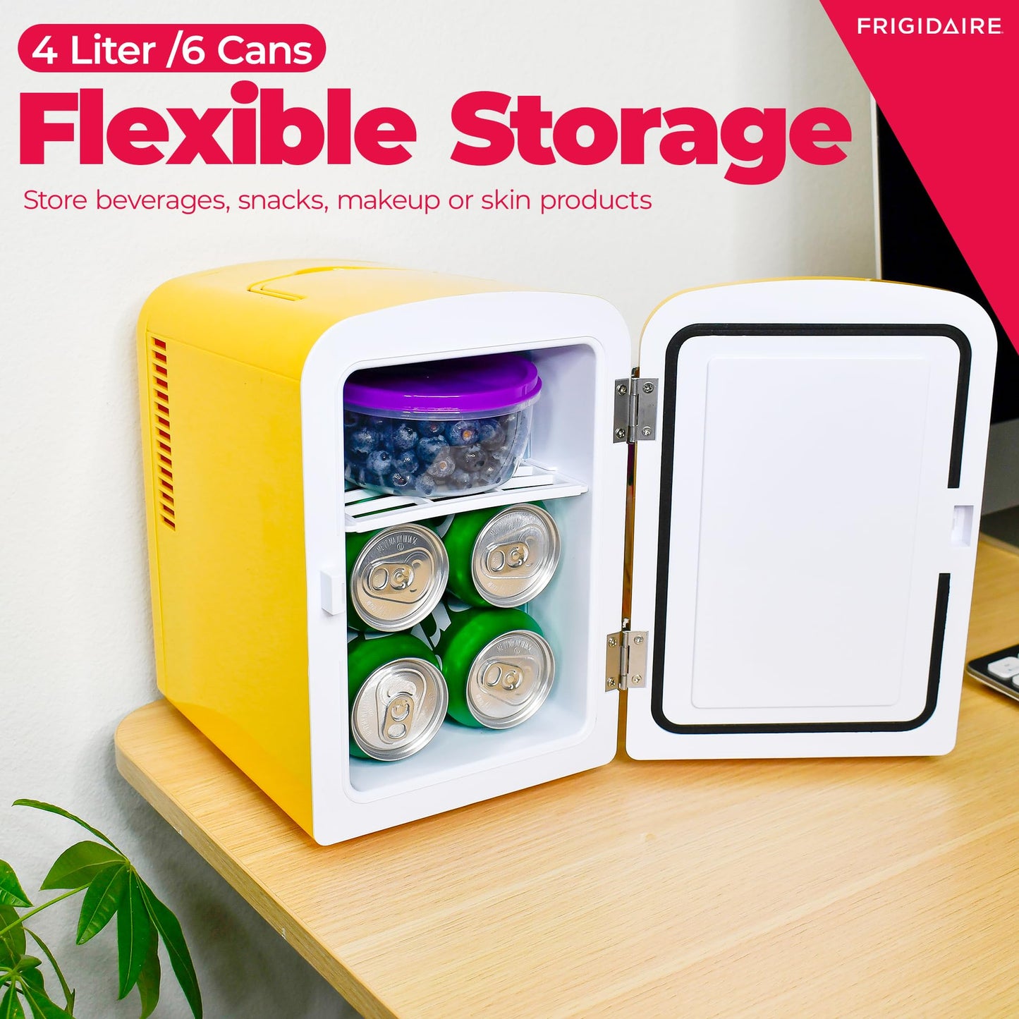 Frigidaire Curtis EFMIS151 Mini Portable Compact Personal Cooler Fridge, 4 Liter Capacity, 6 Cans, Makeup, Skincare, Freon-Free & Eco Friendly, Includes Home Plug & 12V Car Charger, Yellow - CookCave