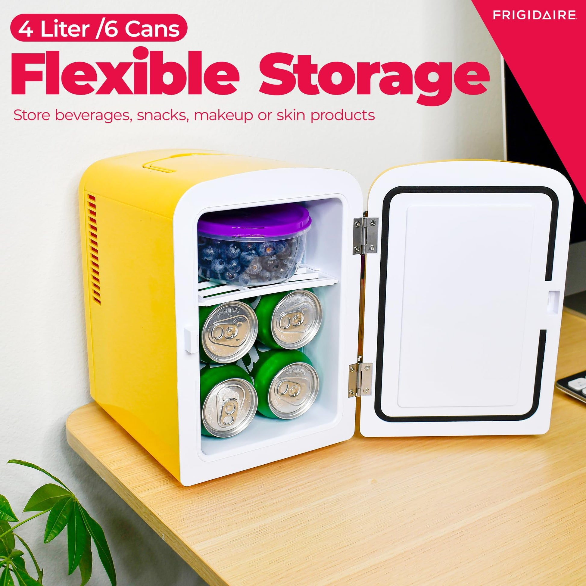 Frigidaire Curtis EFMIS151 Mini Portable Compact Personal Cooler Fridge, 4 Liter Capacity, 6 Cans, Makeup, Skincare, Freon-Free & Eco Friendly, Includes Home Plug & 12V Car Charger, Yellow - CookCave