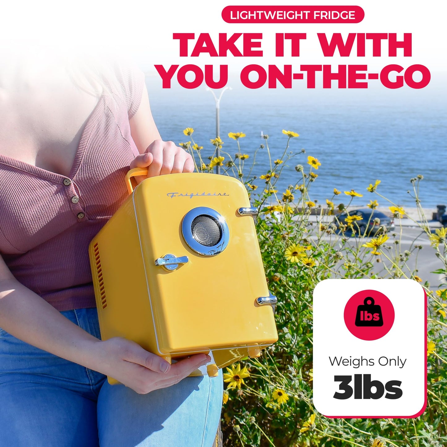 Frigidaire Curtis EFMIS151 Mini Portable Compact Personal Cooler Fridge, 4 Liter Capacity, 6 Cans, Makeup, Skincare, Freon-Free & Eco Friendly, Includes Home Plug & 12V Car Charger, Yellow - CookCave