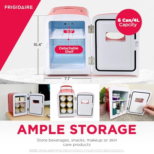 Frigidaire Red Mini Personal Fridge Cooler, 1 Gal Capacity fits Six Cans, Includes Plugs for Home Outlet & DC Charger - 9.9" D x 7.1" W x 10.6" H - CookCave