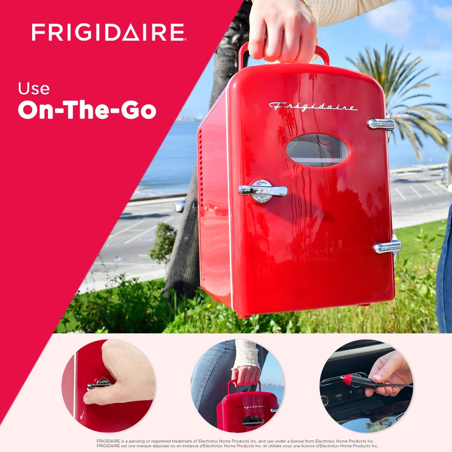 Frigidaire Red Mini Personal Fridge Cooler, 1 Gal Capacity fits Six Cans, Includes Plugs for Home Outlet & DC Charger - 9.9" D x 7.1" W x 10.6" H - CookCave