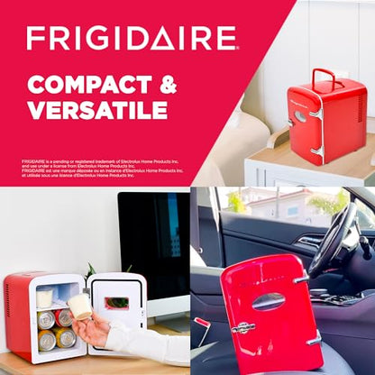 Frigidaire Red Mini Personal Fridge Cooler, 1 Gal Capacity fits Six Cans, Includes Plugs for Home Outlet & DC Charger - 9.9" D x 7.1" W x 10.6" H - CookCave