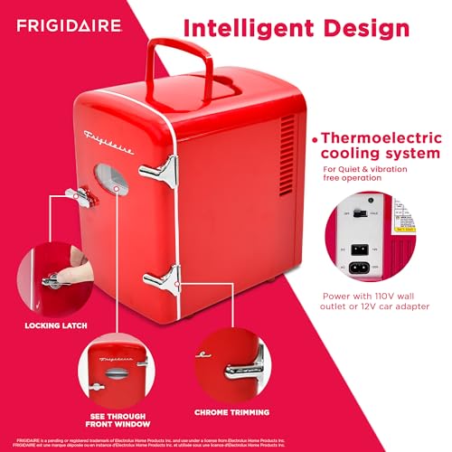 Frigidaire Red Mini Personal Fridge Cooler, 1 Gal Capacity fits Six Cans, Includes Plugs for Home Outlet & DC Charger - 9.9" D x 7.1" W x 10.6" H - CookCave