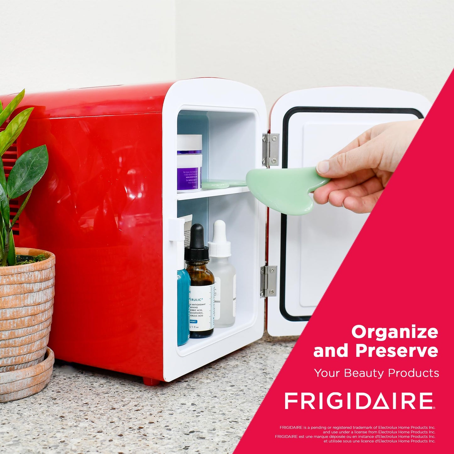 Frigidaire Red Mini Personal Fridge Cooler, 1 Gal Capacity fits Six Cans, Includes Plugs for Home Outlet & DC Charger - 9.9" D x 7.1" W x 10.6" H - CookCave