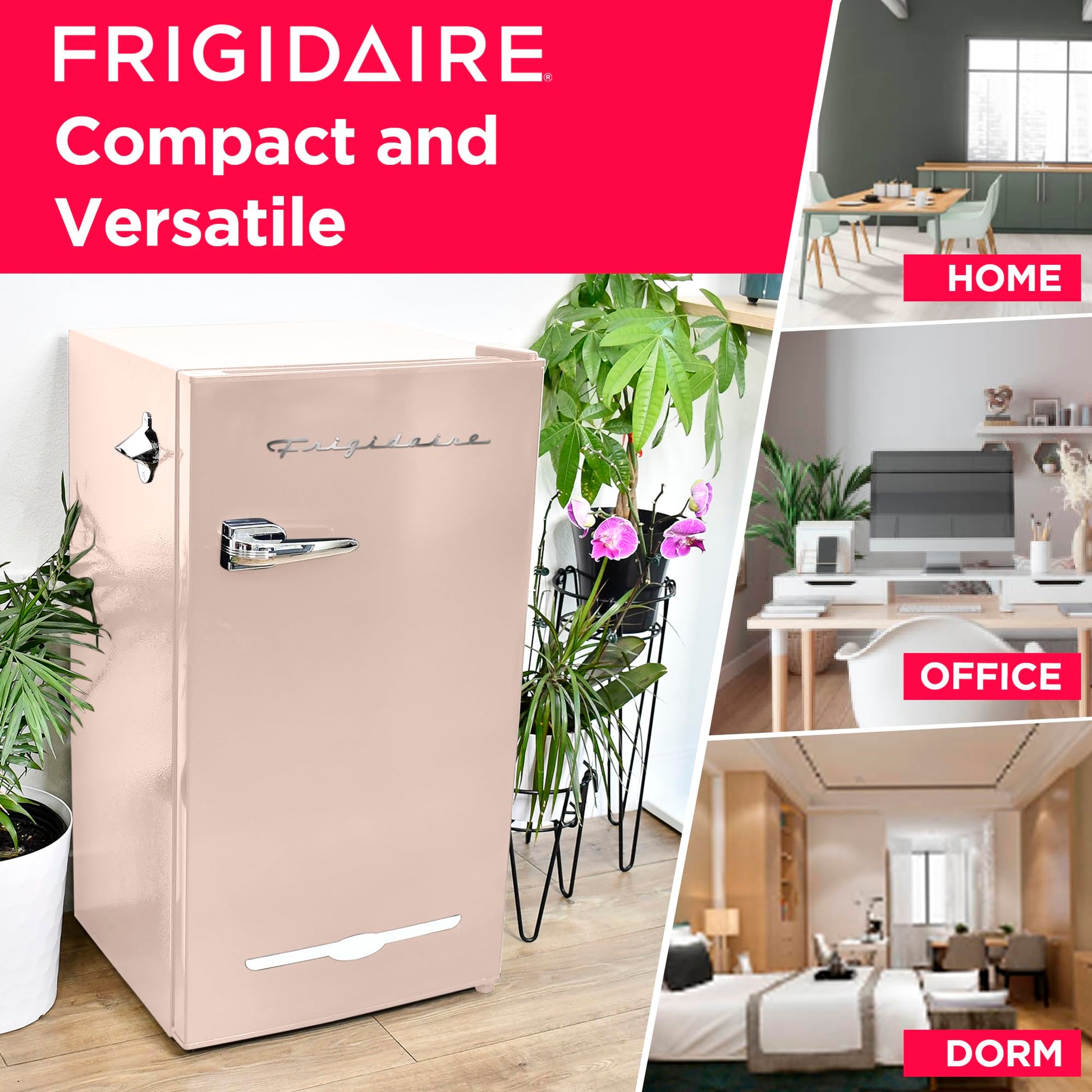 Frigidaire Retro Compact Fridge with Chiller, 3.2 cu ft Countertop Fridge with Built-In Bottle Opener, Compact Refrigerator for Office, Bedroom, Dorm Room or Cabin - 16.5" D x 19" W x 31" H (Coral) - CookCave