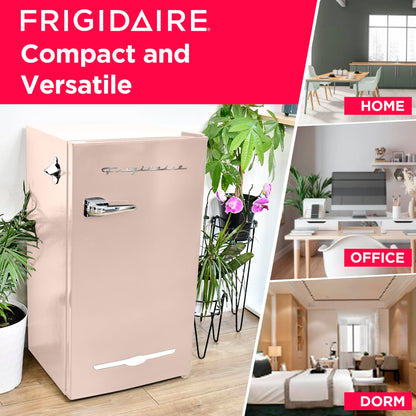 Frigidaire Retro Compact Fridge with Chiller, 3.2 cu ft Countertop Fridge with Built-In Bottle Opener, Compact Refrigerator for Office, Bedroom, Dorm Room or Cabin - 16.5" D x 19" W x 31" H (Coral) - CookCave