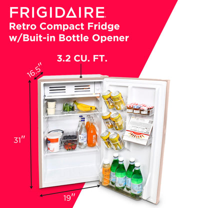 Frigidaire Retro Compact Fridge with Chiller, 3.2 cu ft Countertop Fridge with Built-In Bottle Opener, Compact Refrigerator for Office, Bedroom, Dorm Room or Cabin - 16.5" D x 19" W x 31" H (Coral) - CookCave