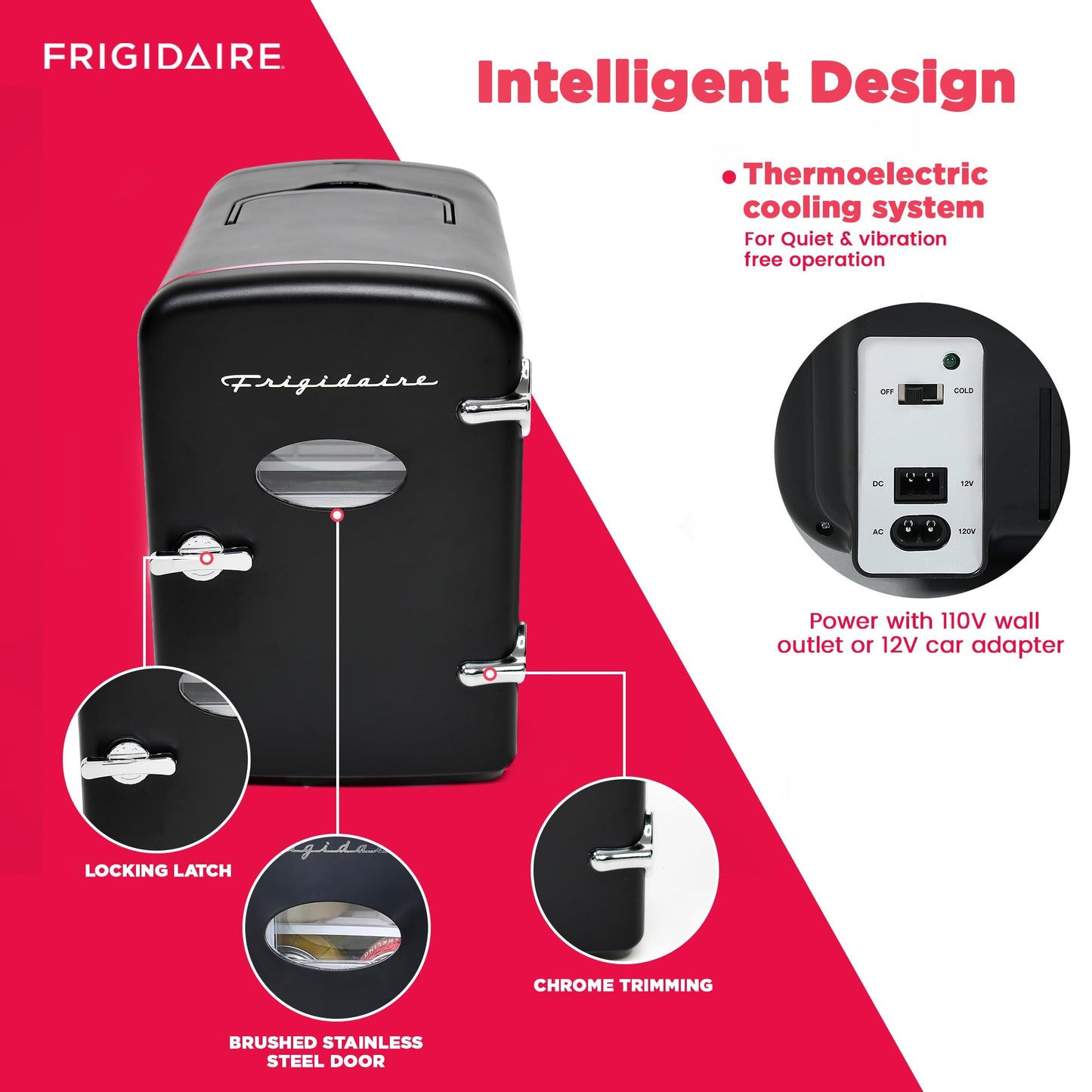 Frigidaire Retro Mini Personal Fridge Cooler, Holds up to 9 Cans, Portable & Compact, AC Plug & 12V Car Charger – Black - CookCave