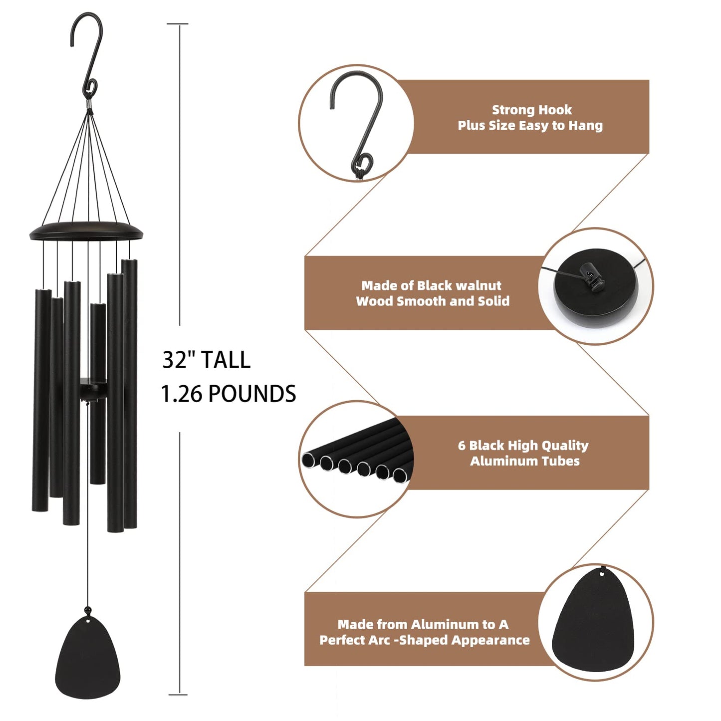 FSVGYY Wind-Chimes-Outdoor-Large-Decor, Deep Tone Soothing Melodic Tones Windchimes, Wind Chimes for Outside, Memorial Wind Chime Best Gift for Mom Women Grandma Neighbors（32" Black） - CookCave