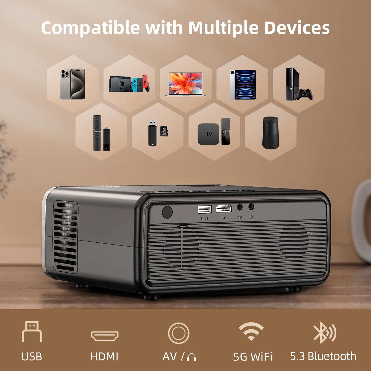 FUDONI Projector with WiFi and Bluetooth 4K Supported, Upgraded Outdoor Movie Projectors Native 1080P FHD 12000L, Video Proyector for Home Theater, Compatible w/HDMI/USB/iOS/Android/Windows/TV Stick - CookCave