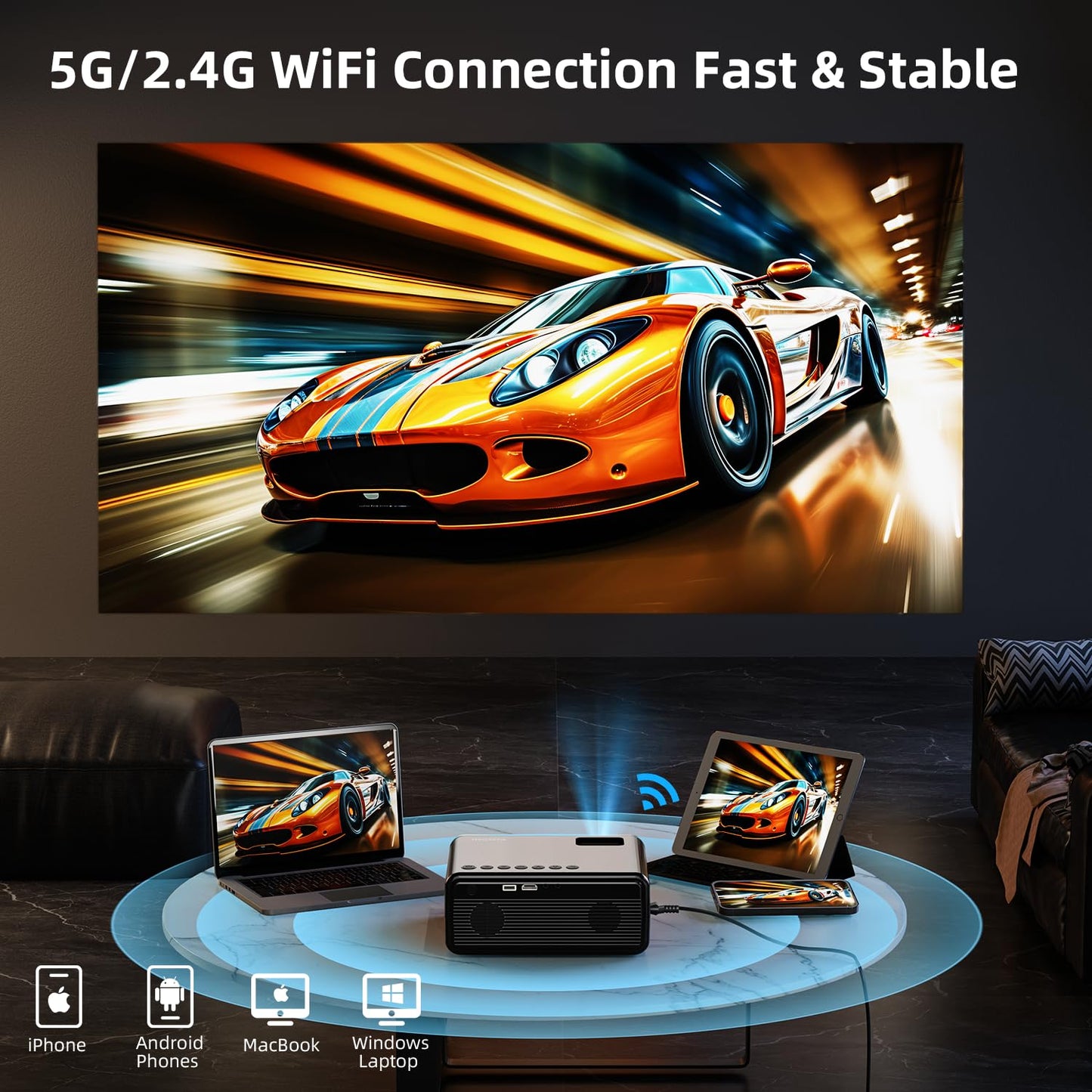 FUDONI Projector with WiFi and Bluetooth 4K Supported, Upgraded Outdoor Movie Projectors Native 1080P FHD 12000L, Video Proyector for Home Theater, Compatible w/HDMI/USB/iOS/Android/Windows/TV Stick - CookCave