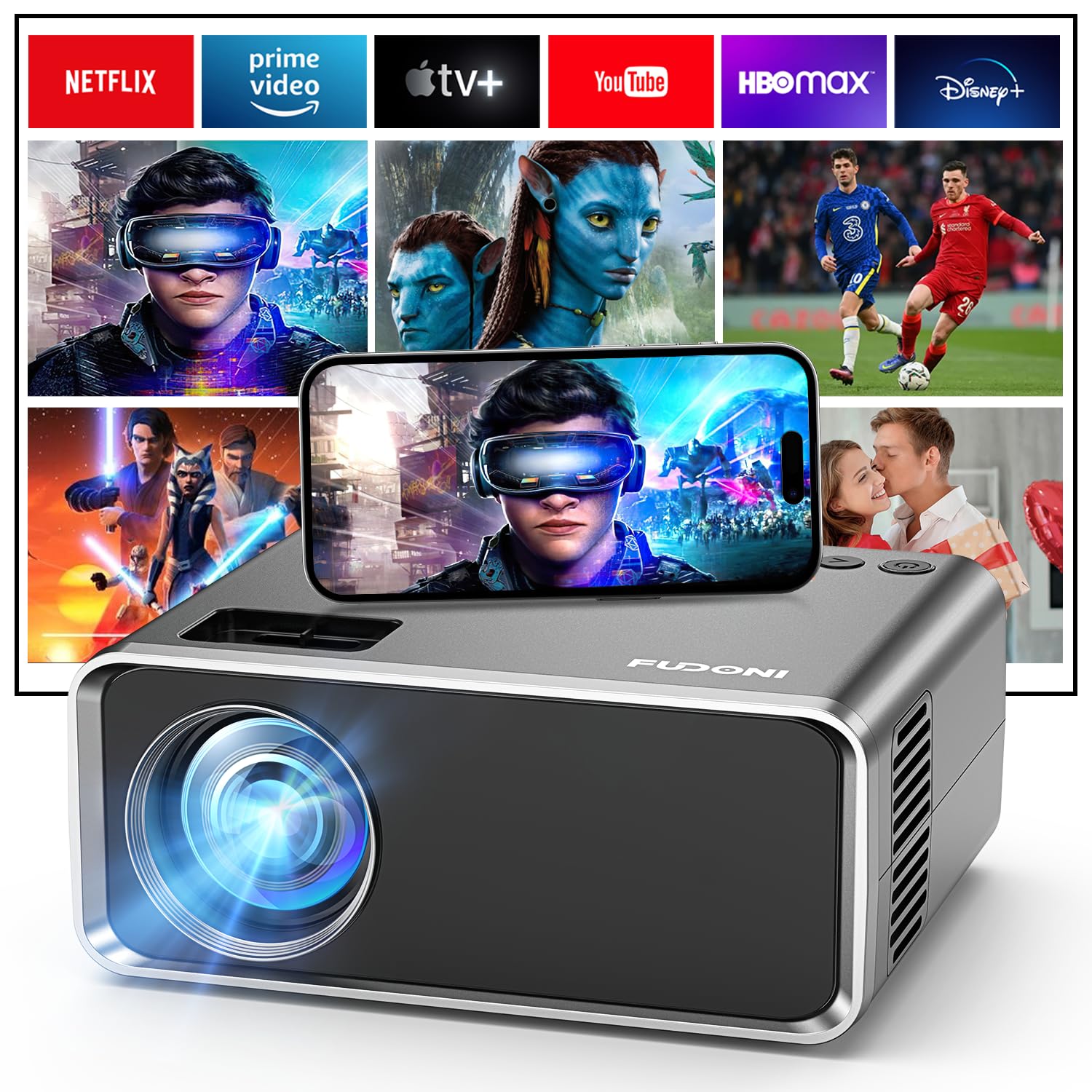 FUDONI Projector with WiFi and Bluetooth 4K Supported, Upgraded Outdoor Movie Projectors Native 1080P FHD 12000L, Video Proyector for Home Theater, Compatible w/HDMI/USB/iOS/Android/Windows/TV Stick - CookCave