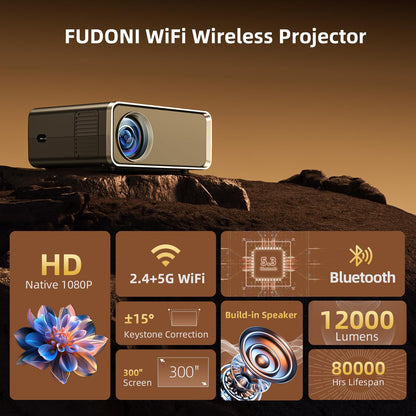 FUDONI Projector with WiFi and Bluetooth 4K Supported, Upgraded Outdoor Movie Projectors Native 1080P FHD 12000L, Video Proyector for Home Theater, Compatible w/HDMI/USB/iOS/Android/Windows/TV Stick - CookCave