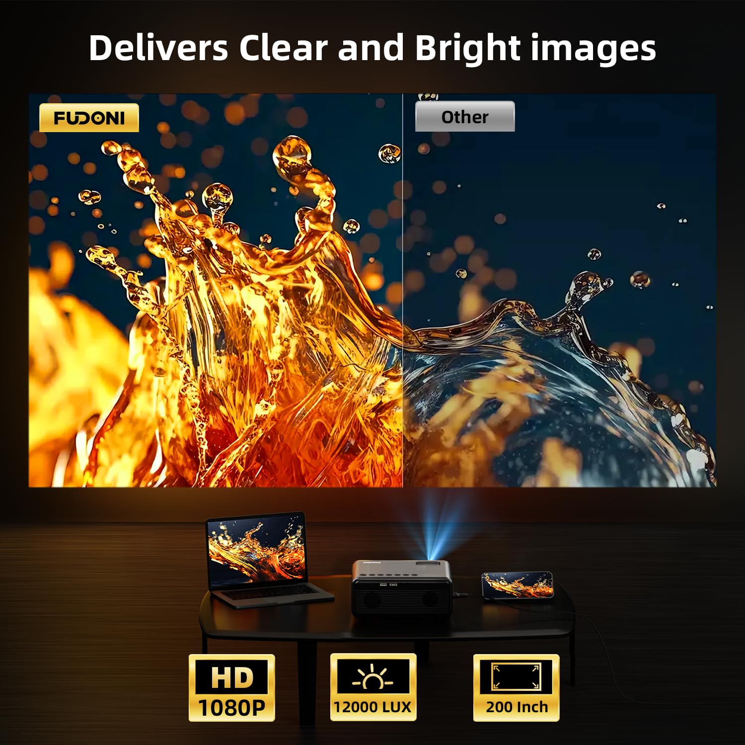 FUDONI Projector with WiFi and Bluetooth 4K Supported, Upgraded Outdoor Movie Projectors Native 1080P FHD 12000L, Video Proyector for Home Theater, Compatible w/HDMI/USB/iOS/Android/Windows/TV Stick - CookCave