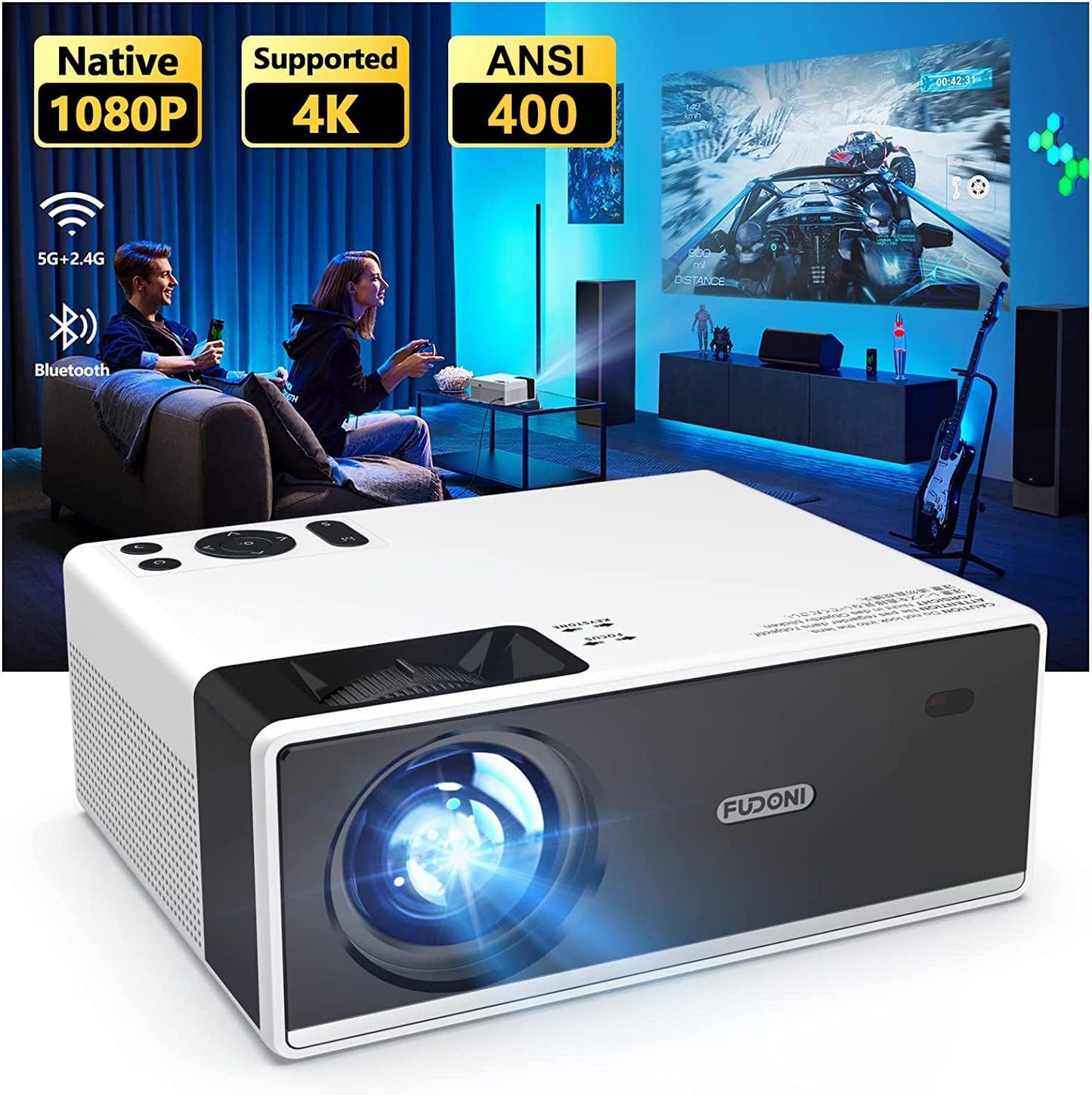 FUDONI Projector with WiFi and Bluetooth, Outdoor Portable 4K Support Projector 18000L HD 1080P Max 300" Display Zoom, Movie Video Home Theater Projector Compatible w/HDMI/USB/Phone/Laptop/TV Stick - CookCave