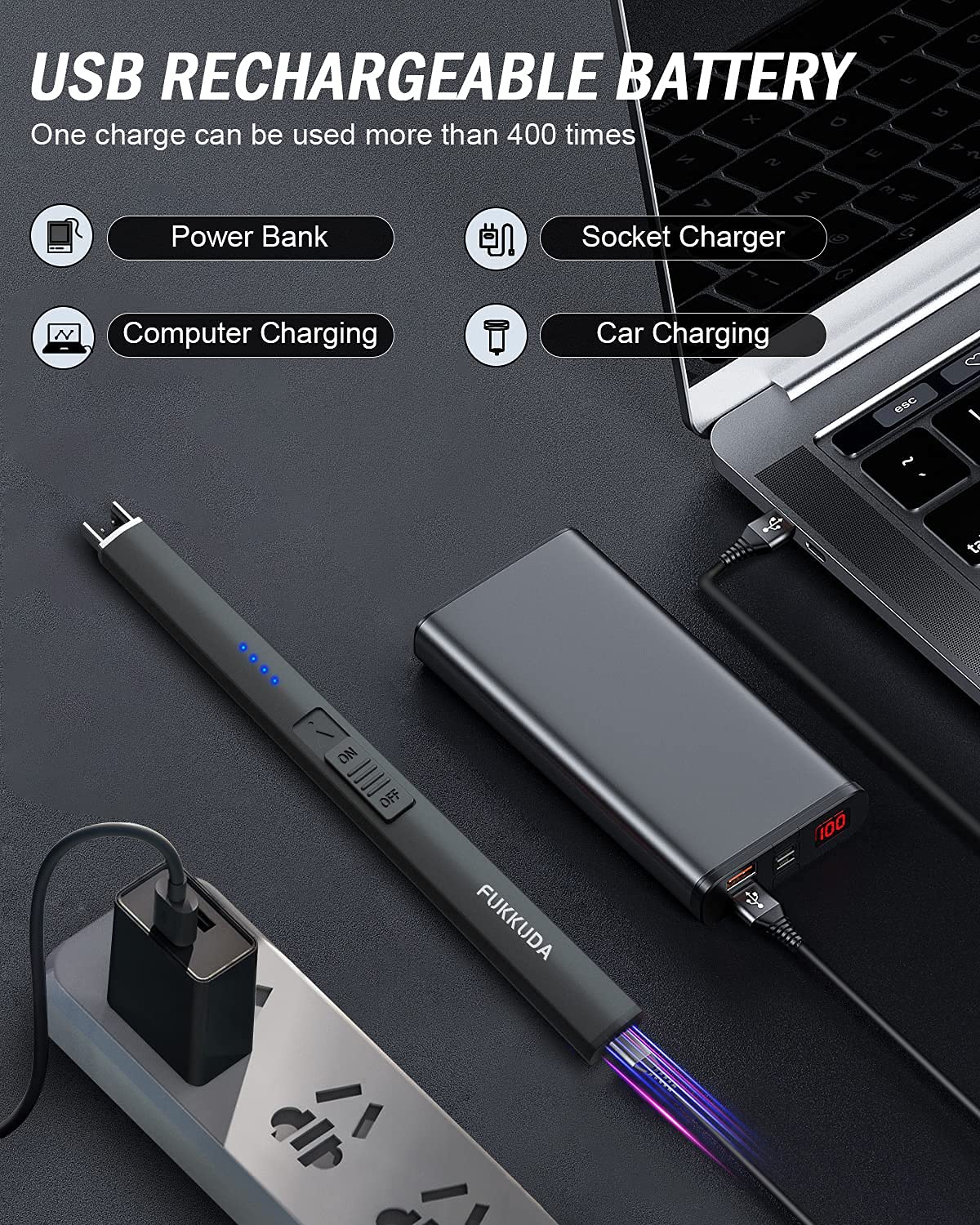 FUKKUDA Electric Candle Lighter with Safety Switch - USB Rechargeable Windproof & Flameless Plasma Arc Lighter for Easter Basket Stuffers (Obsidian Black) - CookCave