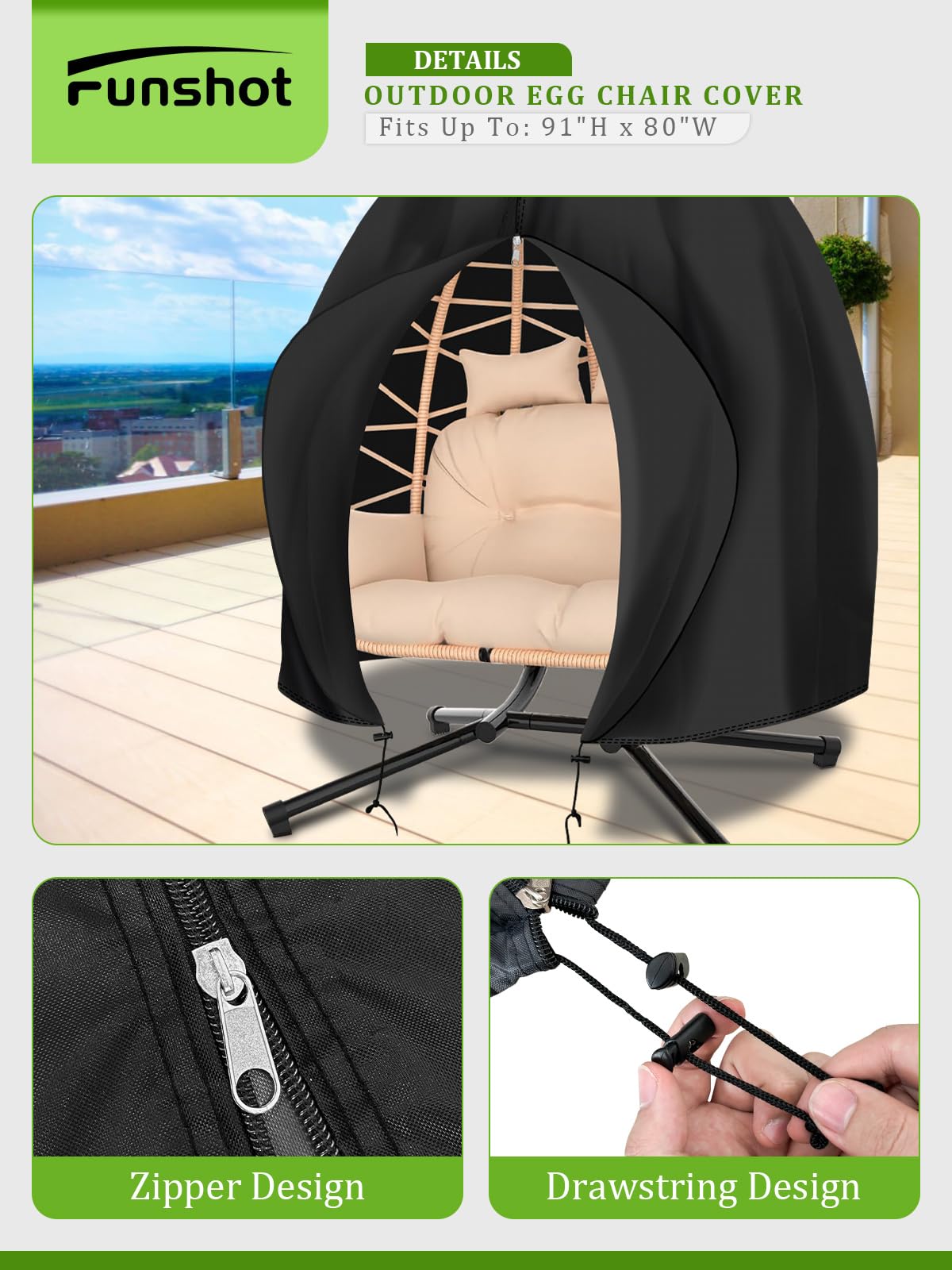 Funshot Patio Egg Chair Cover Waterproof, 91” x 80” Double Egg Chair Cover, Extra Large Hanging Swing Egg Chair Covers for Outdoor Furniture, Windproof, Black - CookCave