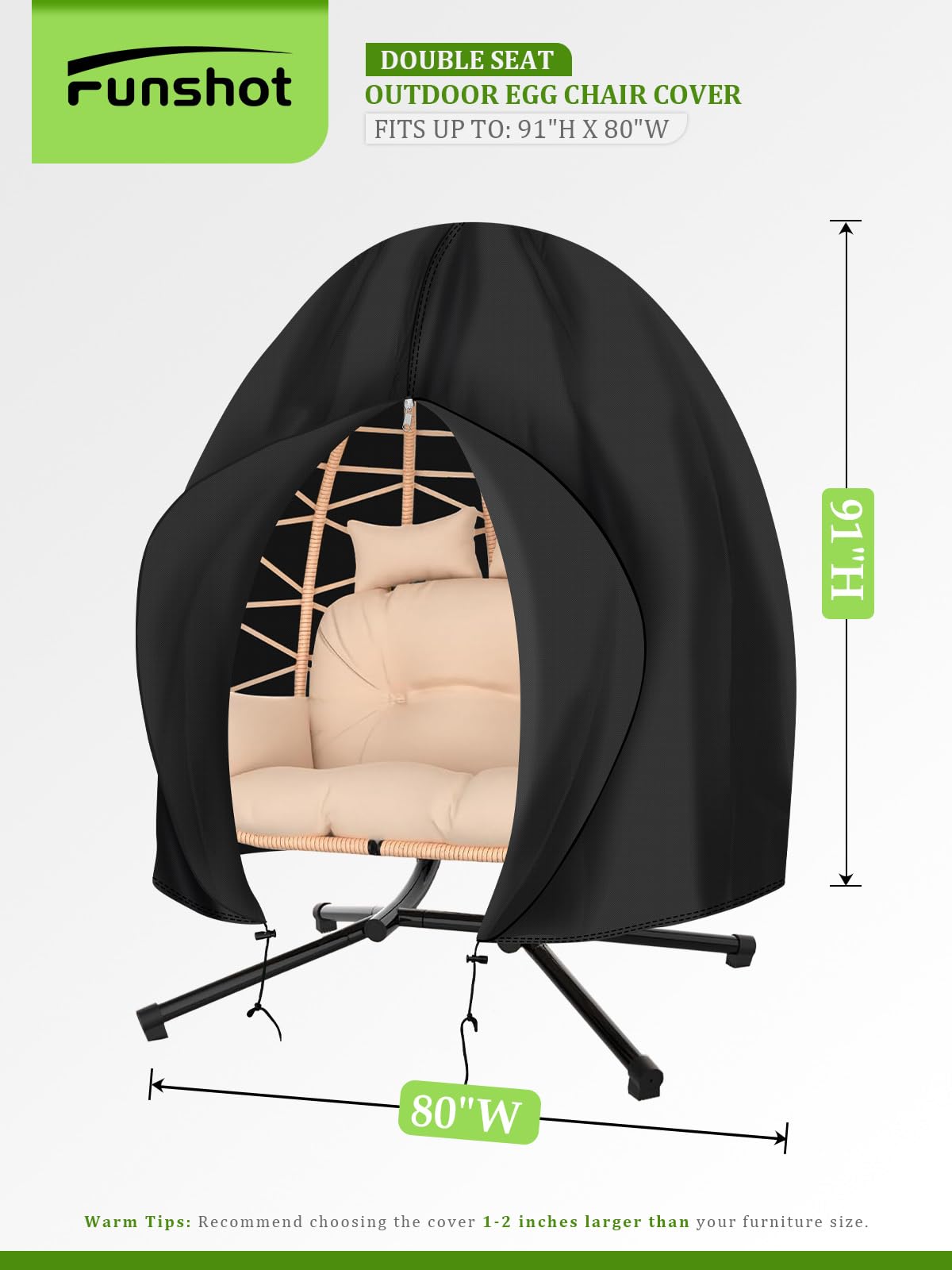 Funshot Patio Egg Chair Cover Waterproof, 91” x 80” Double Egg Chair Cover, Extra Large Hanging Swing Egg Chair Covers for Outdoor Furniture, Windproof, Black - CookCave
