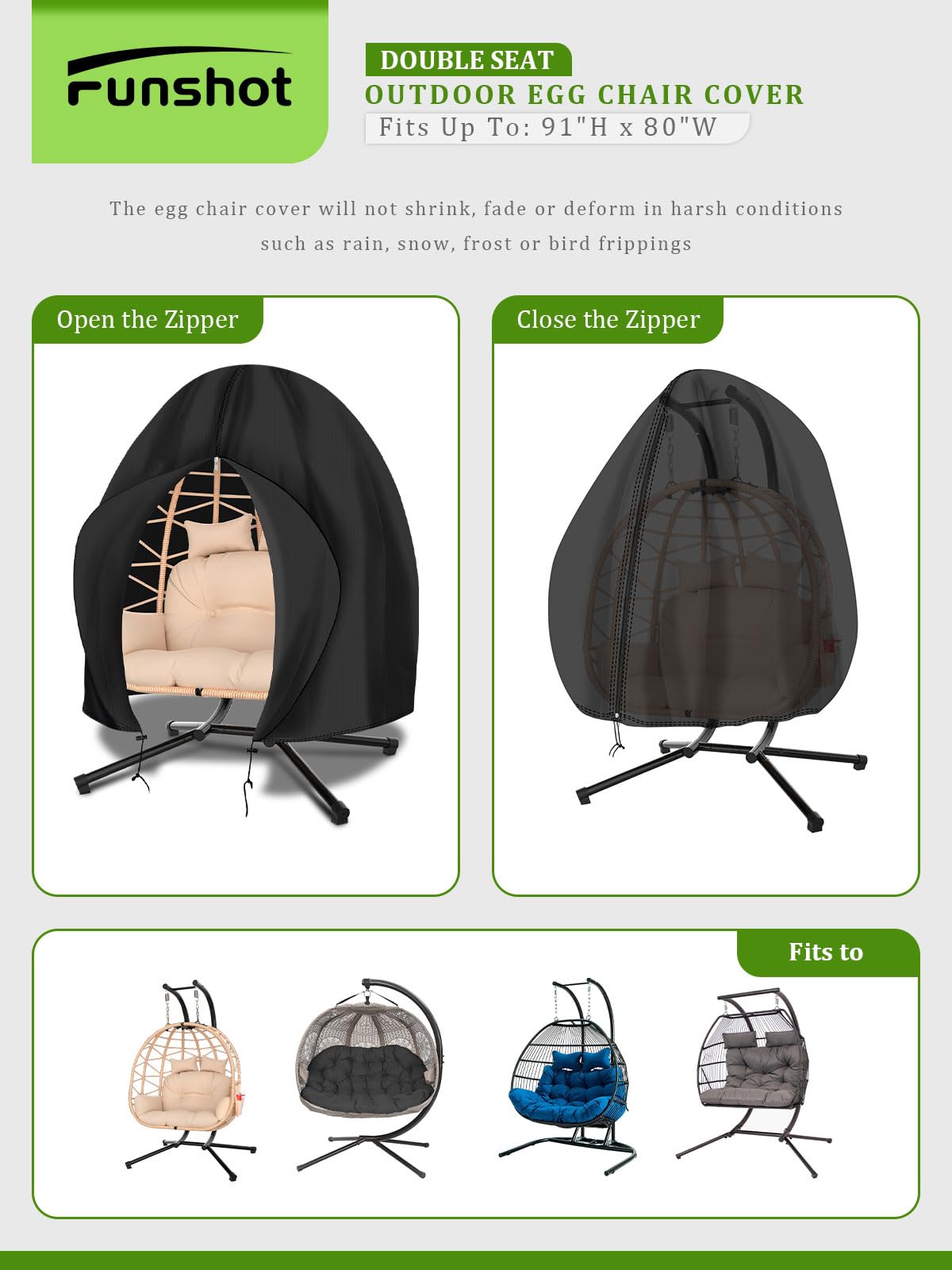 Funshot Patio Egg Chair Cover Waterproof, 91” x 80” Double Egg Chair Cover, Extra Large Hanging Swing Egg Chair Covers for Outdoor Furniture, Windproof, Black - CookCave