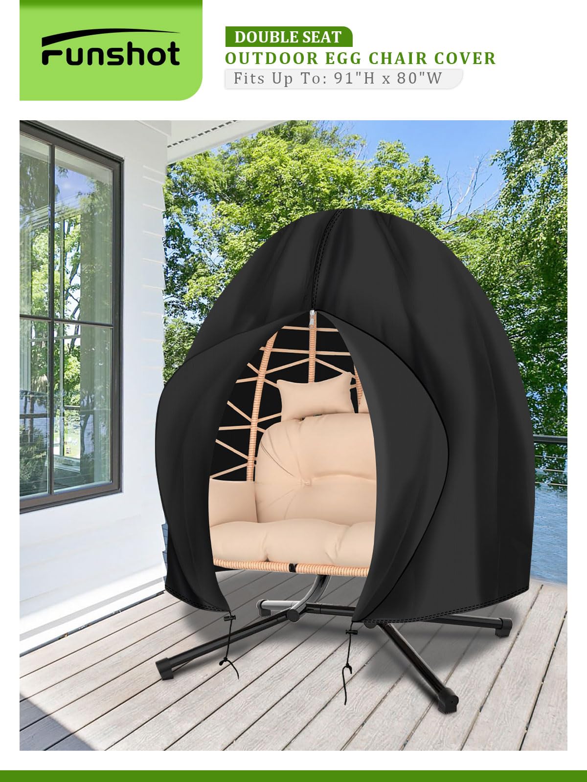 Funshot Patio Egg Chair Cover Waterproof, 91” x 80” Double Egg Chair Cover, Extra Large Hanging Swing Egg Chair Covers for Outdoor Furniture, Windproof, Black - CookCave