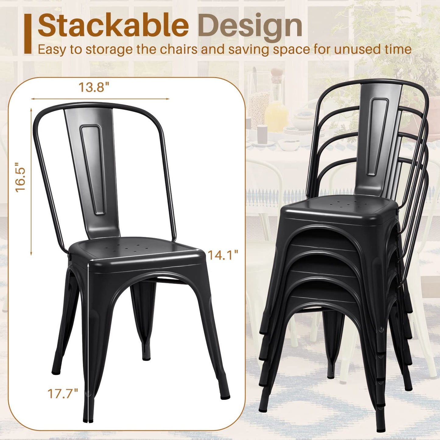 Furmax Metal Dining Chair Indoor-Outdoor Use Stackable Classic Trattoria Chair Chic Dining Bistro Cafe Side Metal Chairs Set of 4 (Black) - CookCave