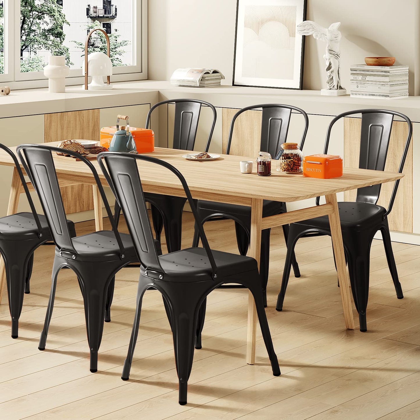 Furmax Metal Dining Chair Indoor-Outdoor Use Stackable Classic Trattoria Chair Chic Dining Bistro Cafe Side Metal Chairs Set of 4 (Black) - CookCave