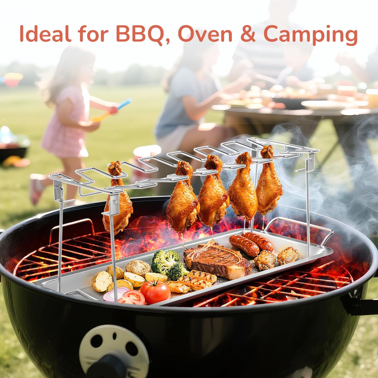 G.a HOMEFAVOR 14-Slot Chicken Leg Rack for Grill & Wings - Premium Stainless Steel Foldable Roasting Rack with Detachable Drip Pan, Dishwasher-Safe BBQ Accessories for Oven, Grill, Camping, Parties - CookCave