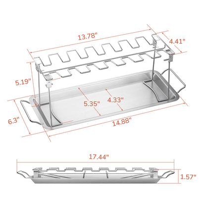 G.a HOMEFAVOR 14-Slot Chicken Leg Rack for Grill & Wings - Premium Stainless Steel Foldable Roasting Rack with Detachable Drip Pan, Dishwasher-Safe BBQ Accessories for Oven, Grill, Camping, Parties - CookCave
