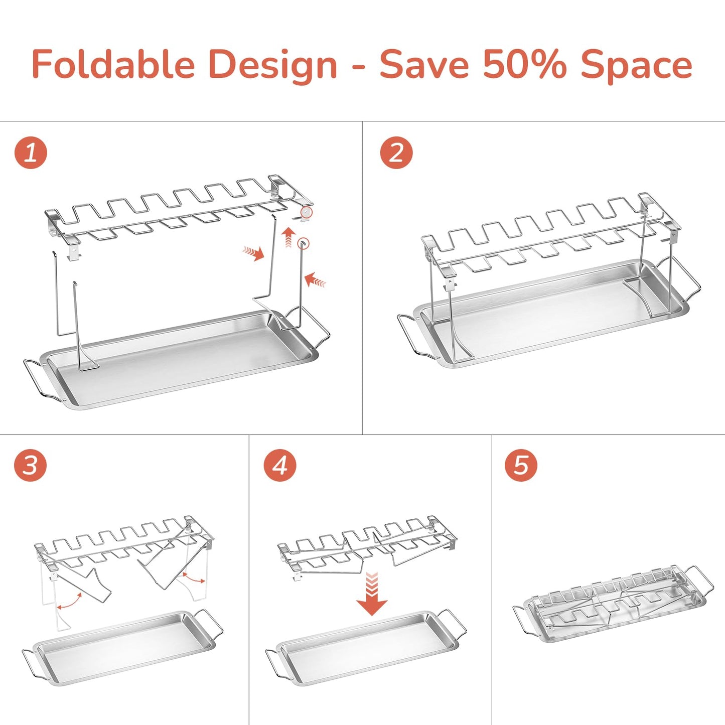 G.a HOMEFAVOR 14-Slot Chicken Leg Rack for Grill & Wings - Premium Stainless Steel Foldable Roasting Rack with Detachable Drip Pan, Dishwasher-Safe BBQ Accessories for Oven, Grill, Camping, Parties - CookCave