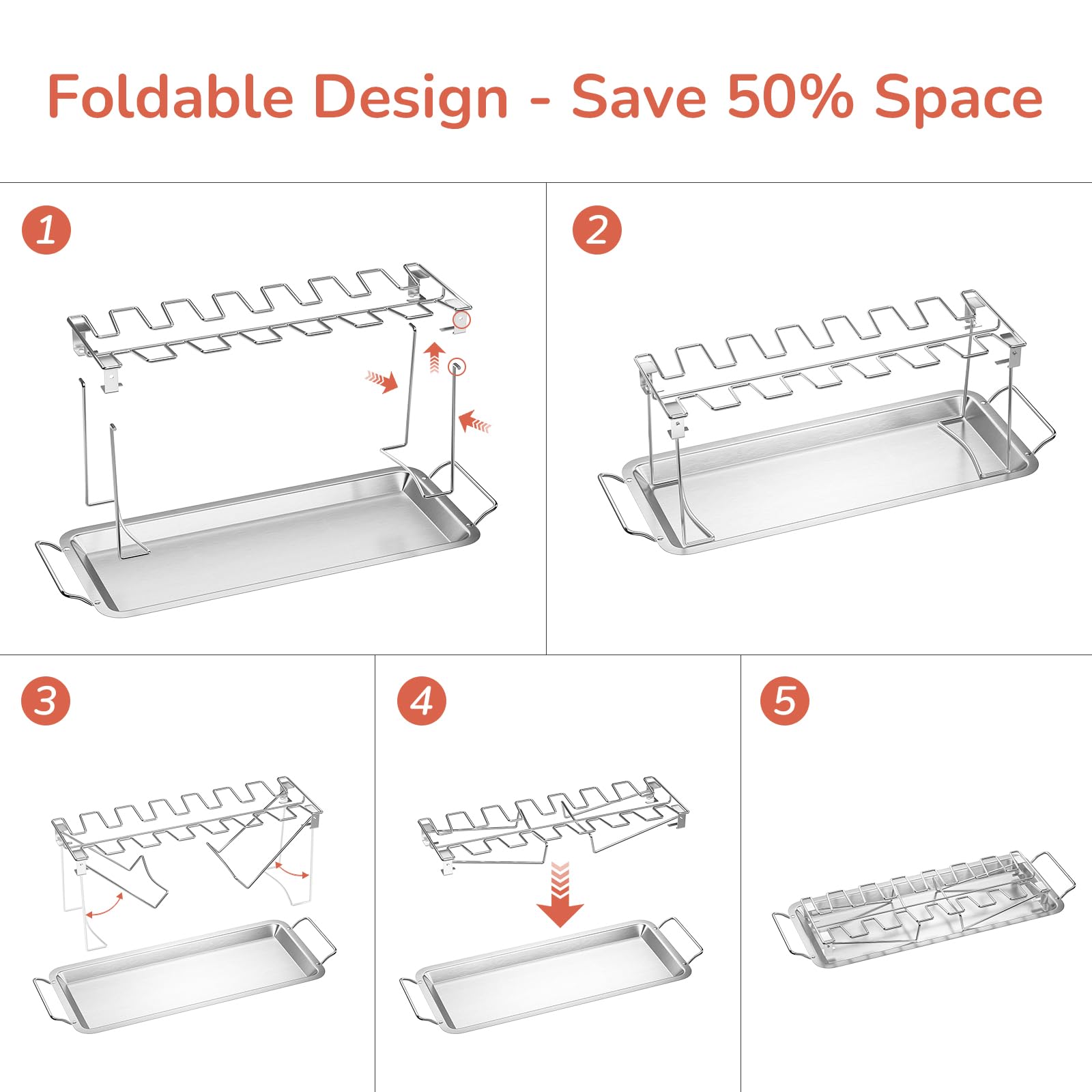 G.a HOMEFAVOR 14-Slot Chicken Leg Rack for Grill & Wings - Premium Stainless Steel Foldable Roasting Rack with Detachable Drip Pan, Dishwasher-Safe BBQ Accessories for Oven, Grill, Camping, Parties - CookCave