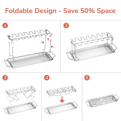 G.a HOMEFAVOR 14-Slot Chicken Leg Rack for Grill & Wings - Premium Stainless Steel Foldable Roasting Rack with Detachable Drip Pan, Dishwasher-Safe BBQ Accessories for Oven, Grill, Camping, Parties - CookCave