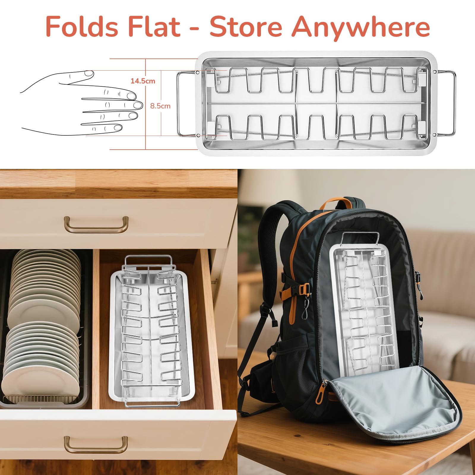 G.a HOMEFAVOR 14-Slot Chicken Leg Rack for Grill & Wings - Premium Stainless Steel Foldable Roasting Rack with Detachable Drip Pan, Dishwasher-Safe BBQ Accessories for Oven, Grill, Camping, Parties - CookCave