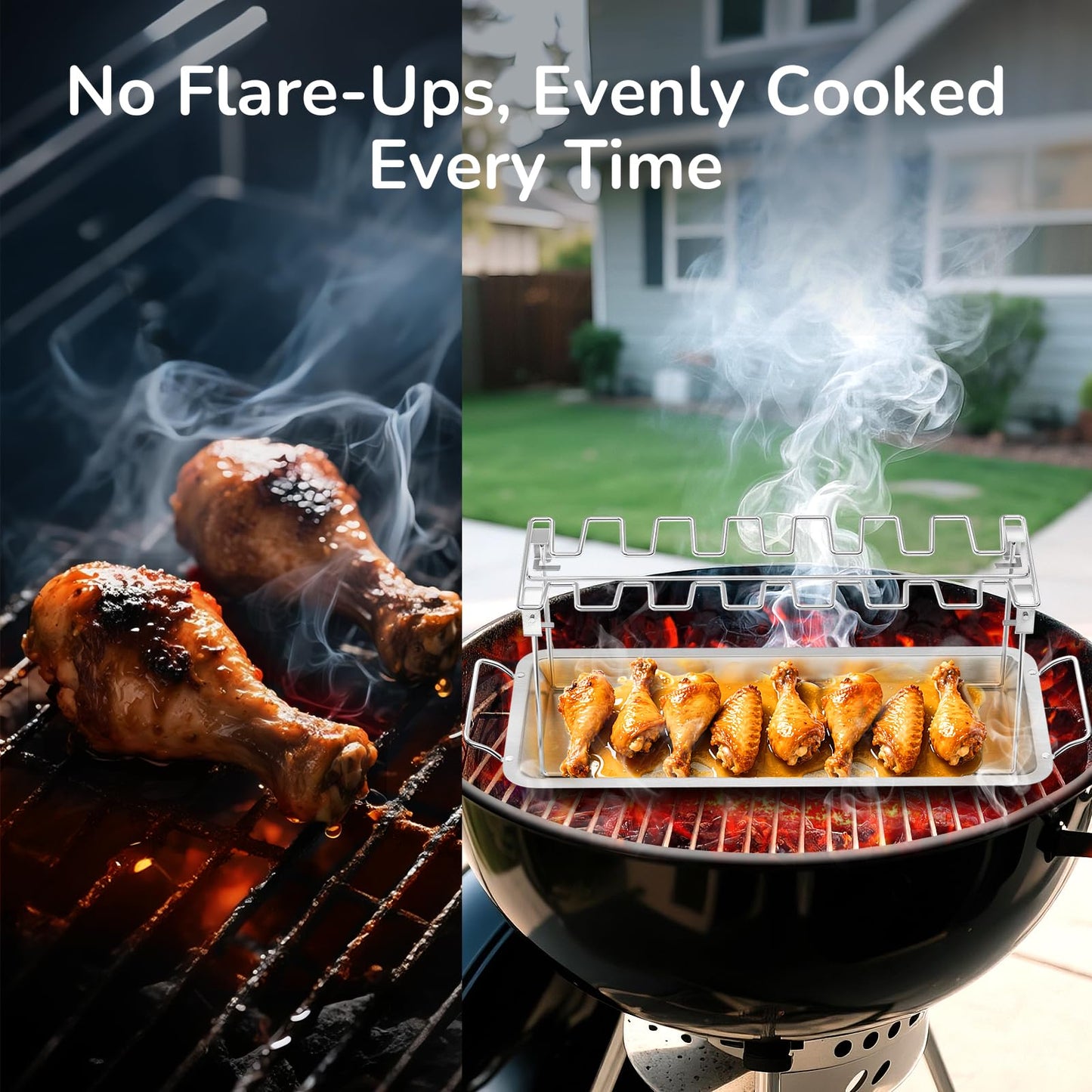 G.a HOMEFAVOR 14-Slot Chicken Leg Rack for Grill & Wings - Premium Stainless Steel Foldable Roasting Rack with Detachable Drip Pan, Dishwasher-Safe BBQ Accessories for Oven, Grill, Camping, Parties - CookCave