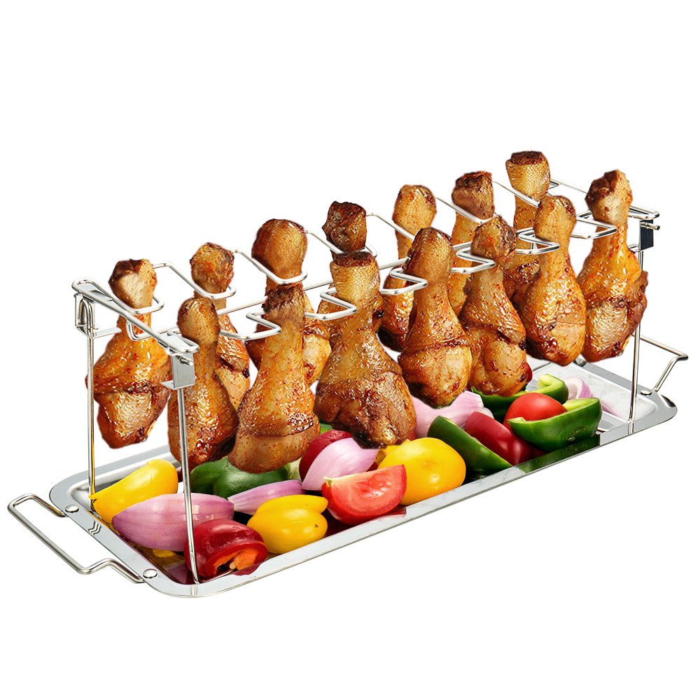 G.a HOMEFAVOR 14-Slot Chicken Leg Rack for Grill & Wings - Premium Stainless Steel Foldable Roasting Rack with Detachable Drip Pan, Dishwasher-Safe BBQ Accessories for Oven, Grill, Camping, Parties - CookCave
