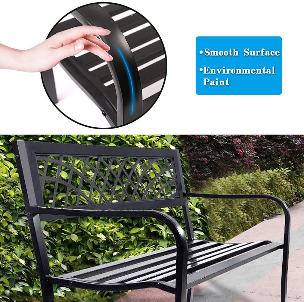 Garden Bench,Outdoor Benches,Iron Steel Frame Patio Bench with Mesh Pattern and Plastic Backrest Armrests for Lawn Yard Porch Work Entryway,Black - CookCave