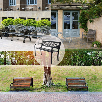 Garden Bench,Outdoor Benches,Iron Steel Frame Patio Bench with Mesh Pattern and Plastic Backrest Armrests for Lawn Yard Porch Work Entryway,Black - CookCave