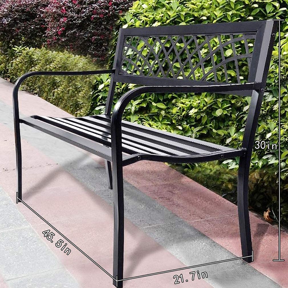 Garden Bench,Outdoor Benches,Iron Steel Frame Patio Bench with Mesh Pattern and Plastic Backrest Armrests for Lawn Yard Porch Work Entryway,Black - CookCave
