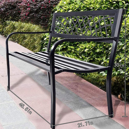 Garden Bench,Outdoor Benches,Iron Steel Frame Patio Bench with Mesh Pattern and Plastic Backrest Armrests for Lawn Yard Porch Work Entryway,Black - CookCave