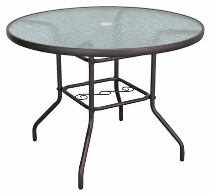 Garden Elements Outdoor Patio Furniture, Round Dining Table, Steel Base and Rim with Waterwave Glass Top, Brown, 40" - CookCave