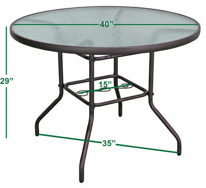 Garden Elements Outdoor Patio Furniture, Round Dining Table, Steel Base and Rim with Waterwave Glass Top, Brown, 40" - CookCave