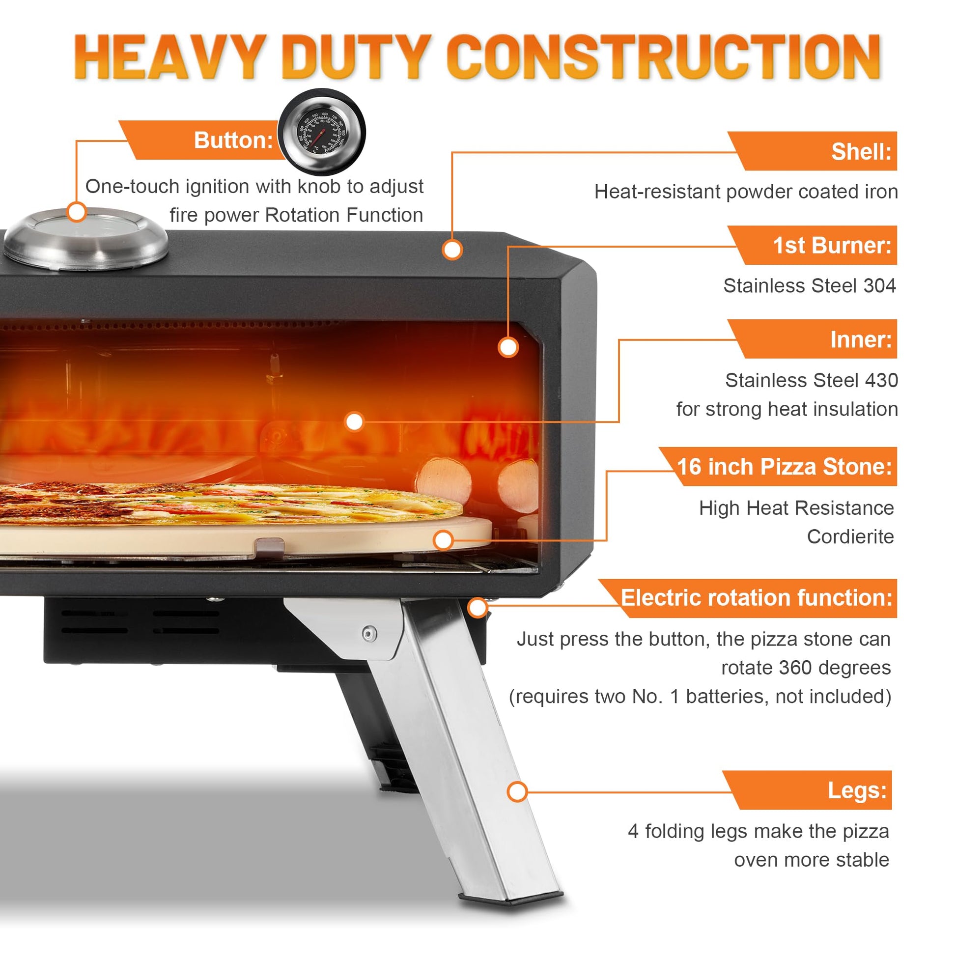 Gas Pizza Oven Outdoor–16" Pizza Oven with Built-in Thermometer, Electric 360 ° Automatic Rotating Pizza Stone Pizza Oven, with Gas Hose & Regulator, Countertop Pizza Maker, Outdoor Gas Pizza Oven - CookCave