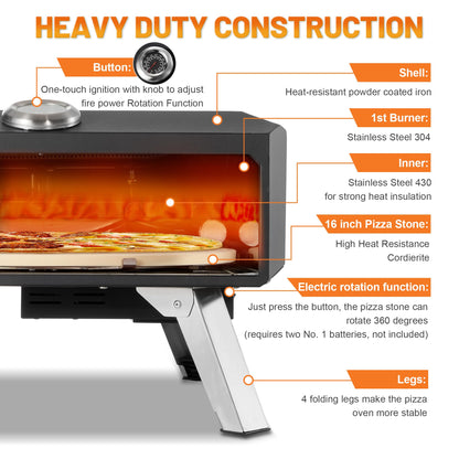 Gas Pizza Oven Outdoor–16" Pizza Oven with Built-in Thermometer, Electric 360 ° Automatic Rotating Pizza Stone Pizza Oven, with Gas Hose & Regulator, Countertop Pizza Maker, Outdoor Gas Pizza Oven - CookCave