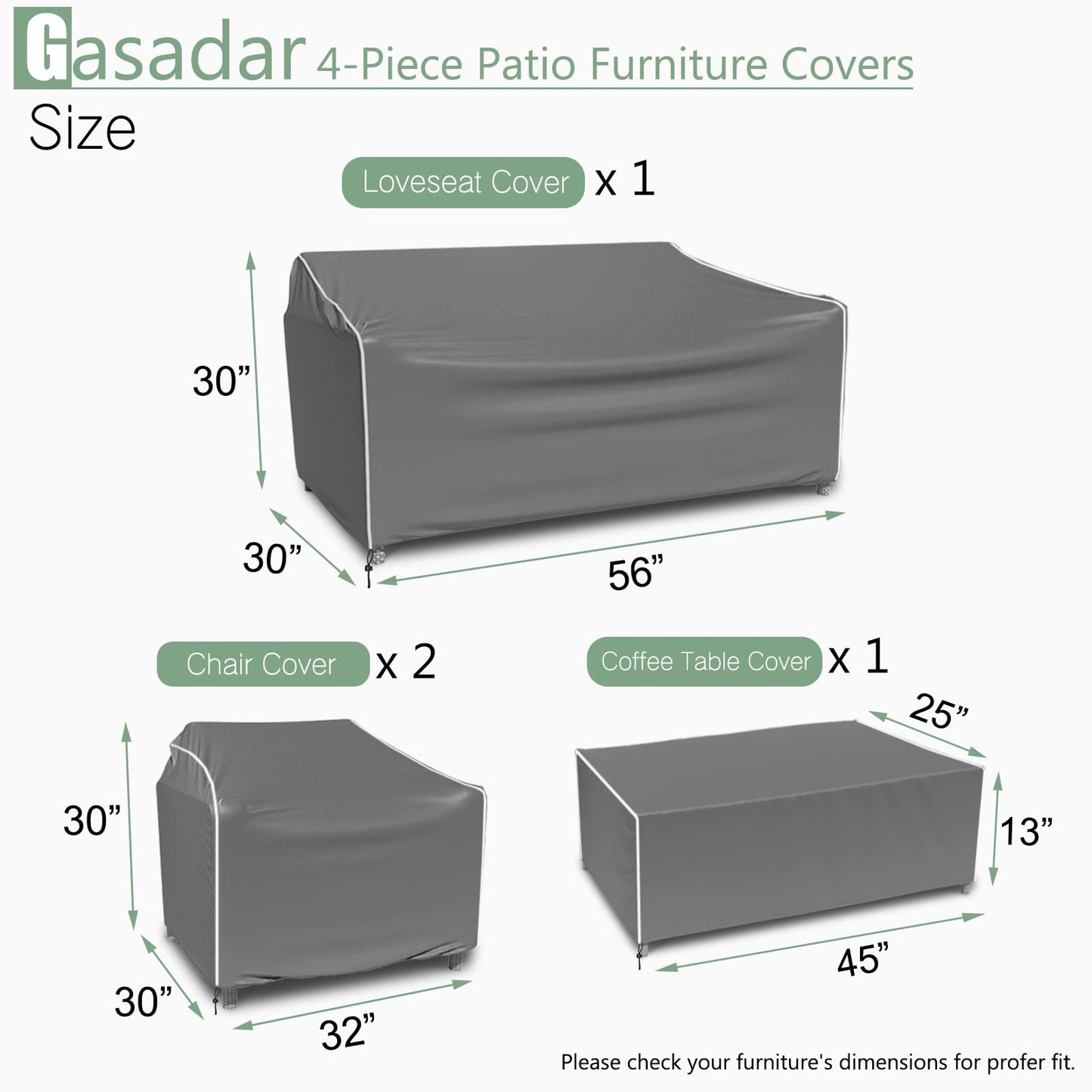 Gasadar Patio Furniture Covers, 4-Piece Outdoor Furniture Cover Waterproof for Patio Loveseat, Chair and Coffee Table, 600D Heavy Duty, Grey - CookCave