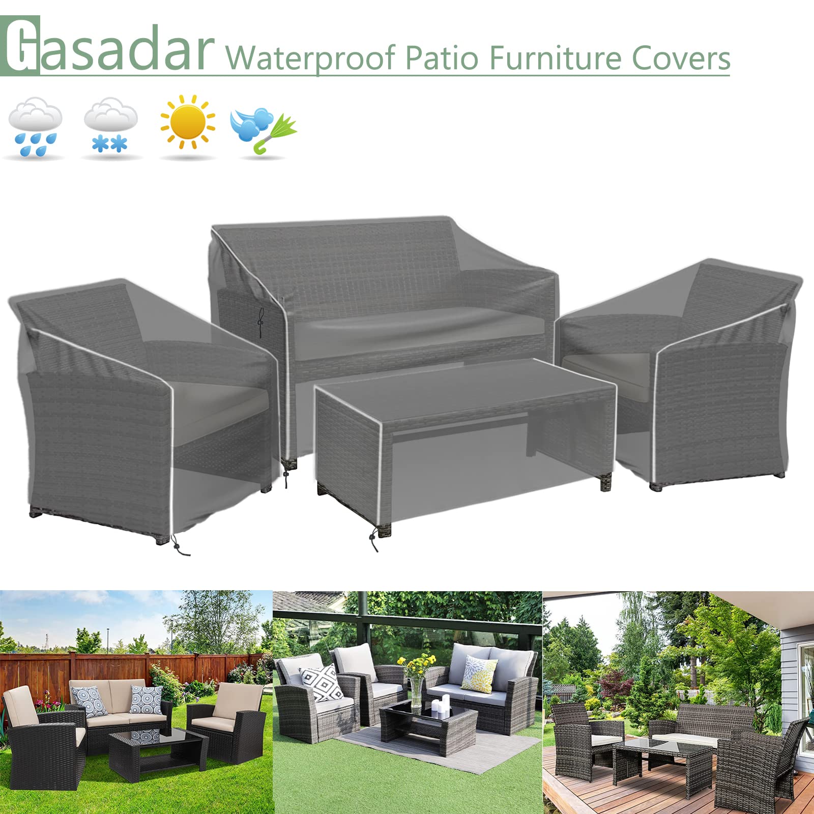 Gasadar Patio Furniture Covers, 4-Piece Outdoor Furniture Cover Waterproof for Patio Loveseat, Chair and Coffee Table, 600D Heavy Duty, Grey - CookCave