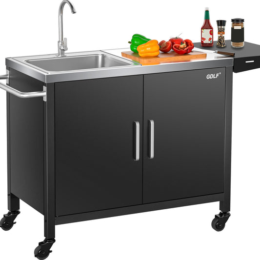 GDLF Outdoor Grill Table with Sink,Metal Grill Cart, Outdoor Kitchen Island with Stainless Steel Sink,L57*W21.65 - CookCave