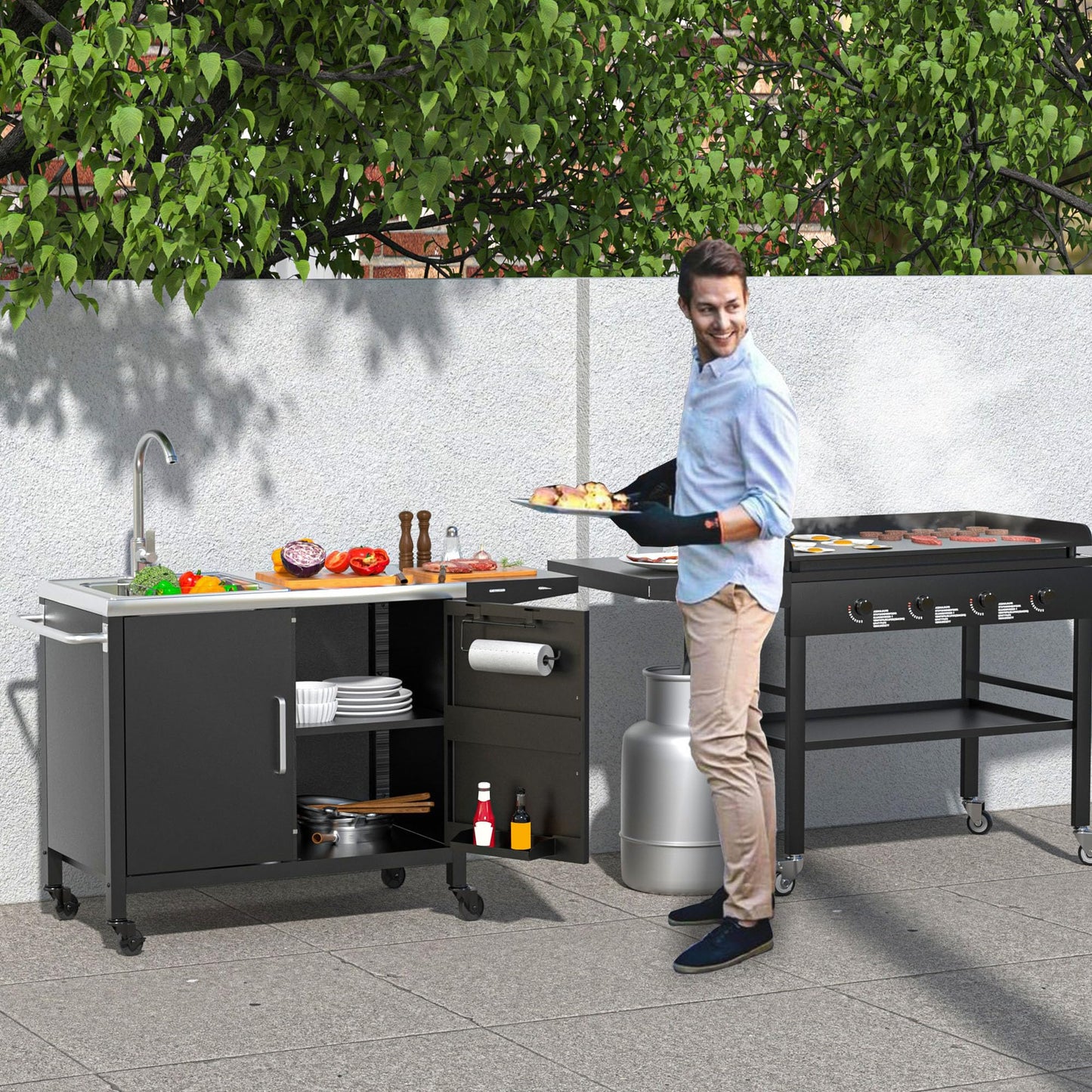 GDLF Outdoor Grill Table with Sink,Metal Grill Cart, Outdoor Kitchen Island with Stainless Steel Sink,L57*W21.65 - CookCave