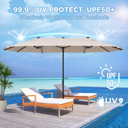 GDPFN 15FT Large Patio Umbrella with Base Included, Outdoor Deck Standing Umbrella with Crank Handle, Double-Side Rectangular Pool Umbrella for Outside, Market, Patio, Beige - CookCave