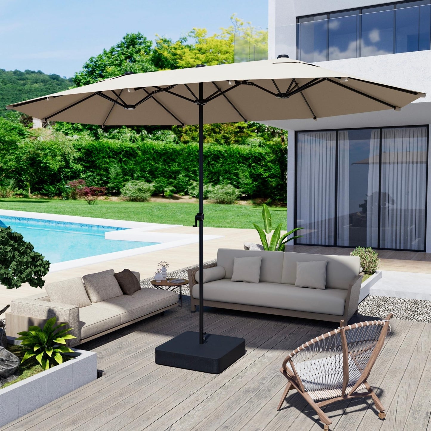 GDPFN 15FT Large Patio Umbrella with Base Included, Outdoor Deck Standing Umbrella with Crank Handle, Double-Side Rectangular Pool Umbrella for Outside, Market, Patio, Beige - CookCave