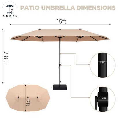 GDPFN 15FT Large Patio Umbrella with Base Included, Outdoor Deck Standing Umbrella with Crank Handle, Double-Side Rectangular Pool Umbrella for Outside, Market, Patio, Beige - CookCave