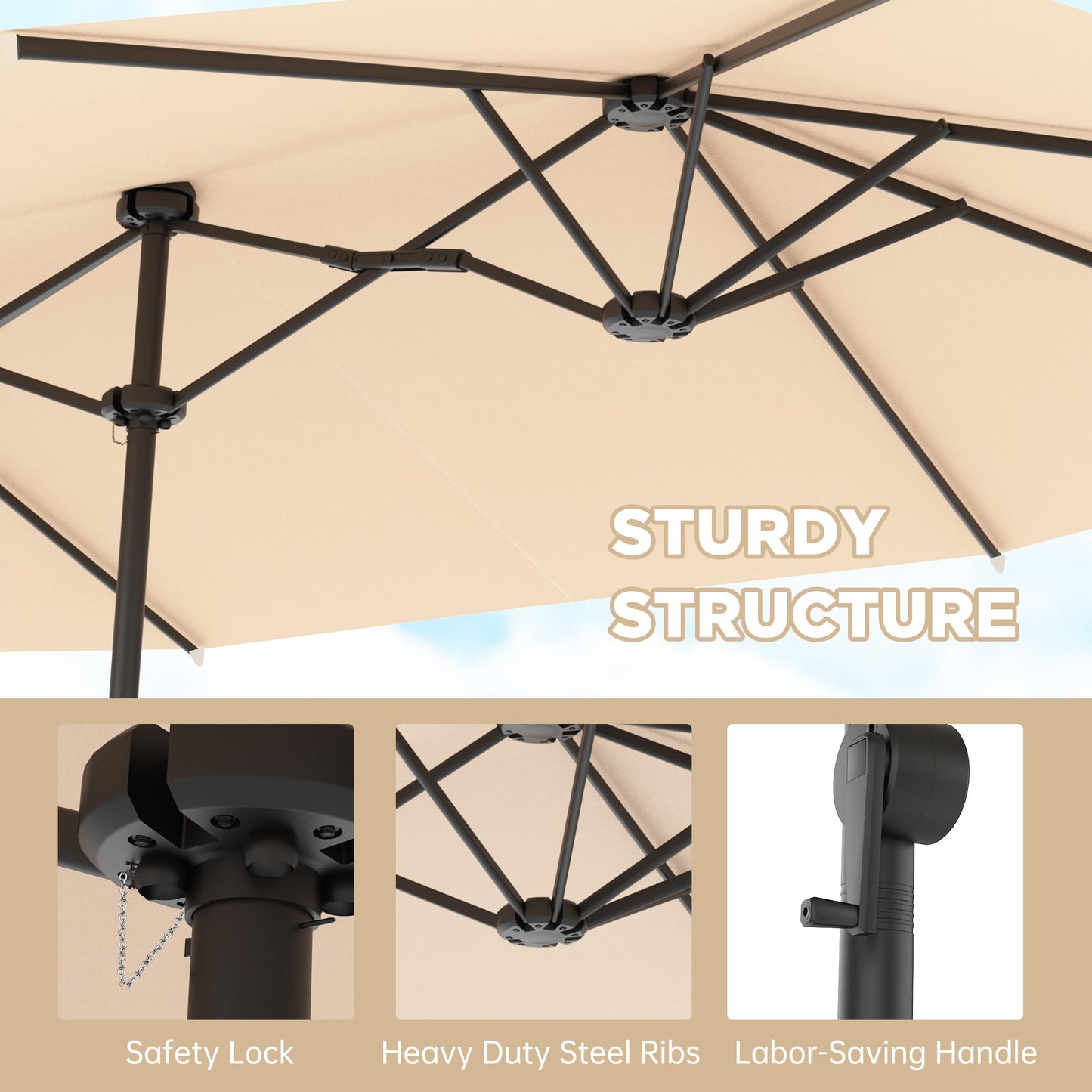 GDPFN 15FT Large Patio Umbrella with Base Included, Outdoor Deck Standing Umbrella with Crank Handle, Double-Side Rectangular Pool Umbrella for Outside, Market, Patio, Beige - CookCave